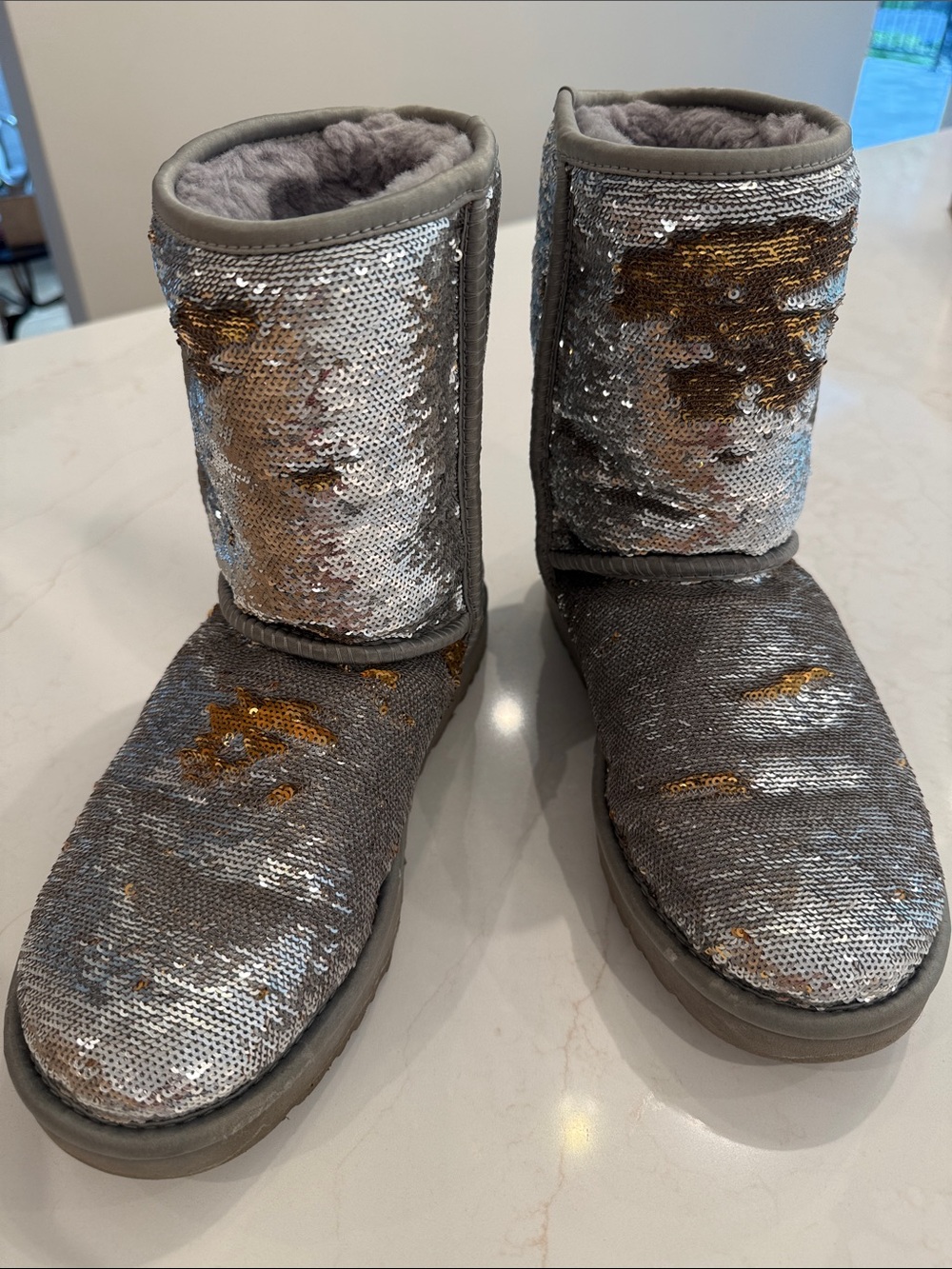 UGG Silver and Gold Sequin Shearling Boots